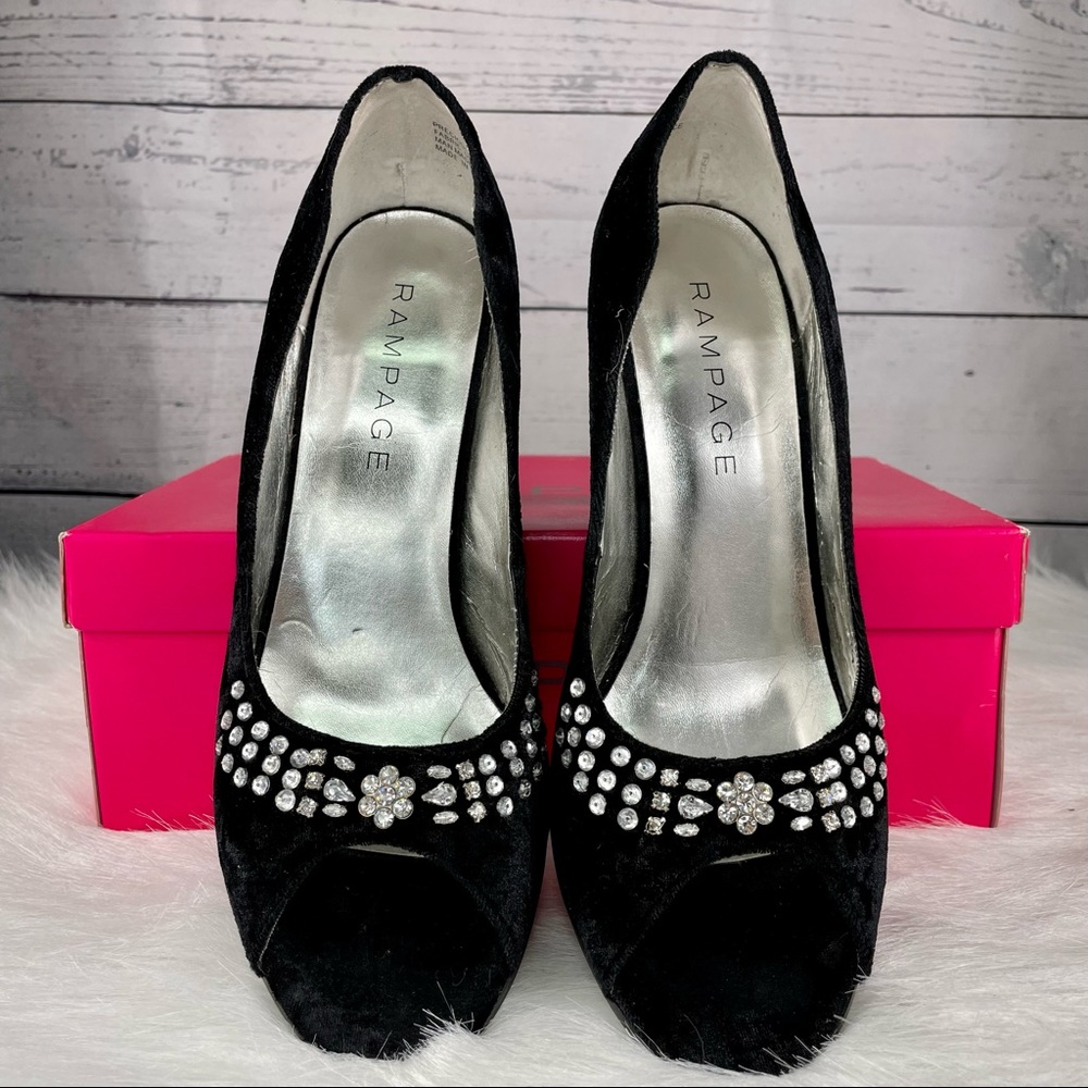 RAMPAGE Velvet Rhinestone Peep Toe Heels, Black, Original Box - Picture 8 of 11
